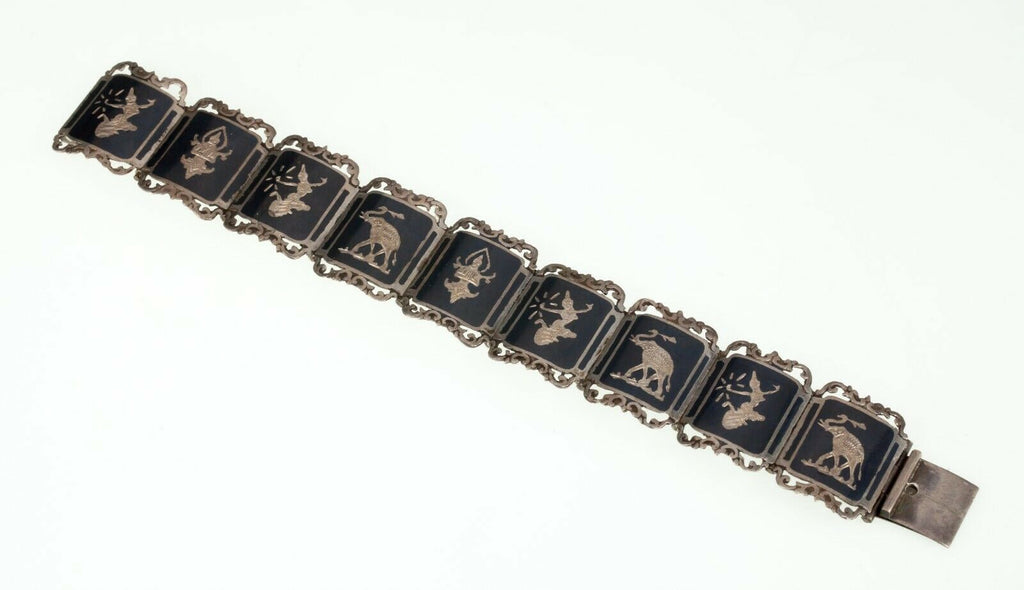 Vintage Thai Silver Siam Niello Enamel Panel Bracelet 6.50"