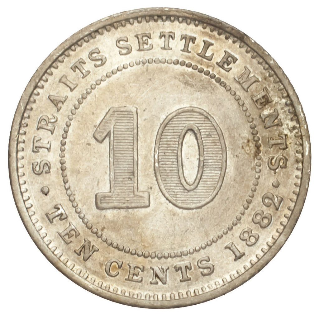 1882-H Straits Settlements Silver 10 Cents (Extra Fine, XF Condition)