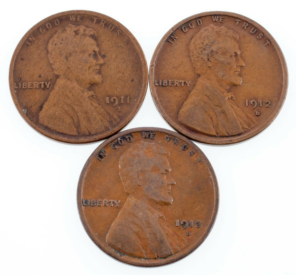 Lot of 3 Lincoln Cents (1911, 1912, 1913)-D in Fine+ to VF Condition Brown Color