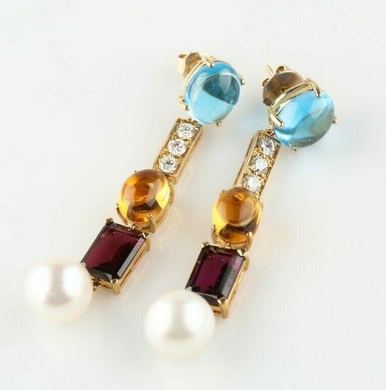 Unique 14k Yellow Gold Gemstone, Diamond, and Pearl Stud Drop Earrings