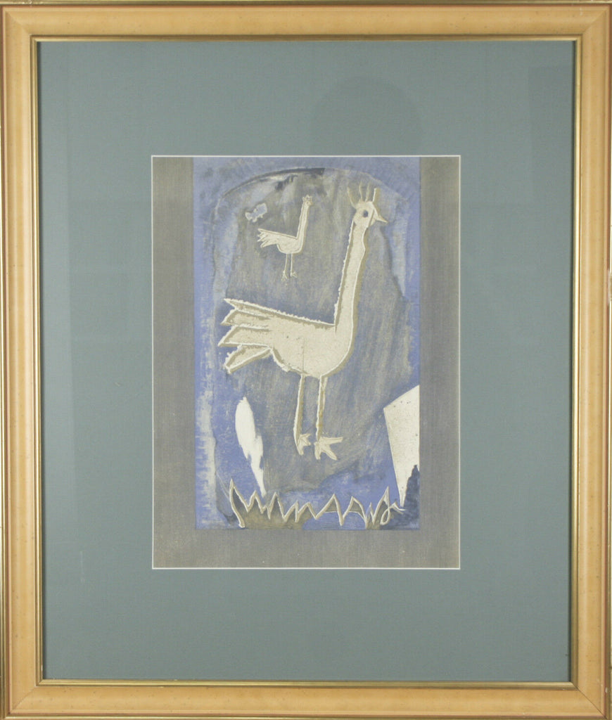 Untitled (Two Chickens on Blue Background) Framed and Matted Print 24"x20 1/2"