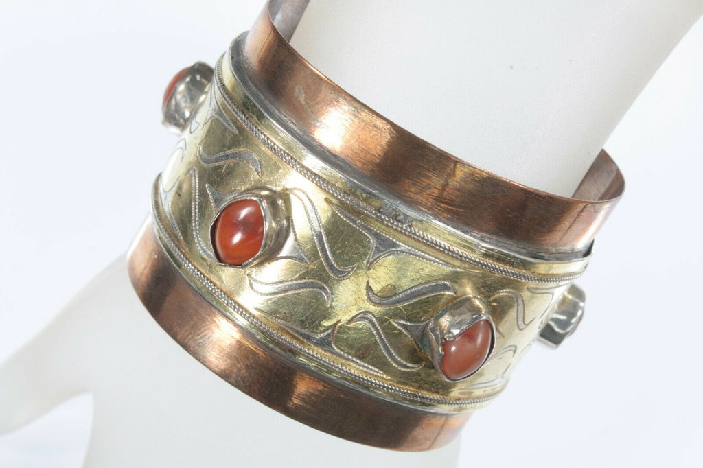 Antique Wide Turkmen Turkoman Carnelian Silver Copper GP Cuff Bracelet