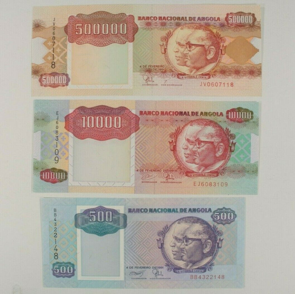 1991 Angola 3-Notes Currency Set // 500 10,000 & 500,000 Kwanza // Uncirculated