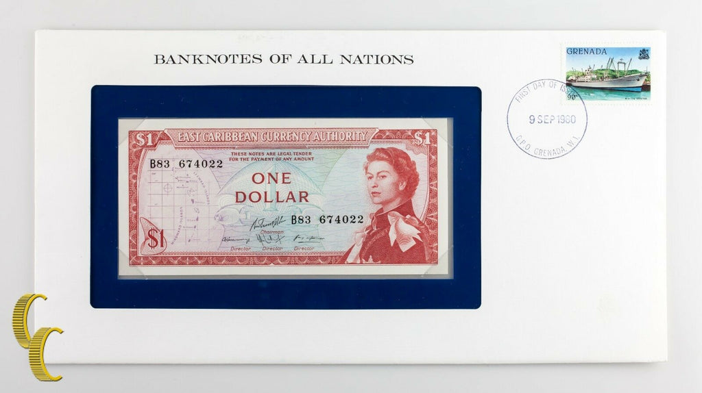 1980 East Caribbean One Dollar $1 in Banknotes of All Nations Stamped Envelope