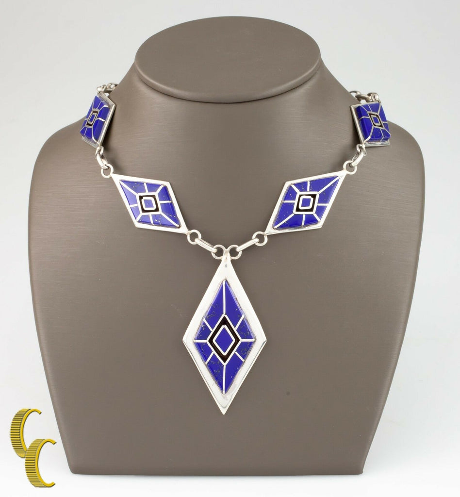 .925 Sterling Silver & Lapis Diamond Shaped Navajo Necklace