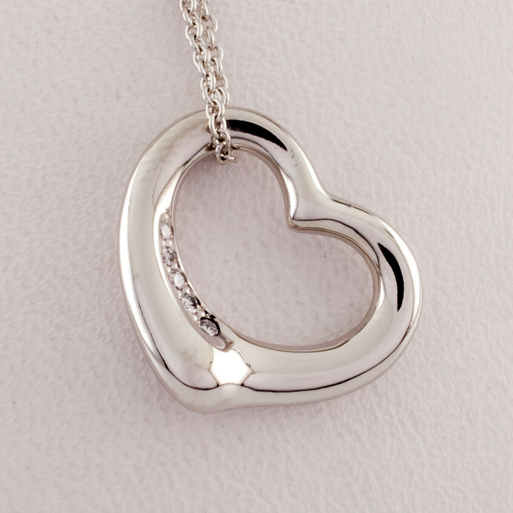 Tiffany & Co. Elsa Peretti Open Heart Platinum Pendant w/ Diamond and 16" Chain
