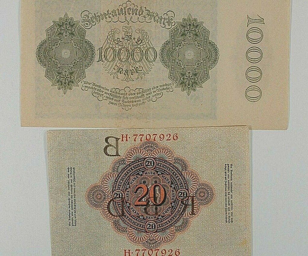 Germany 2-Notes // 1910 German Empire 20 Mark & 1922 Weimar Republic 10000 Mark