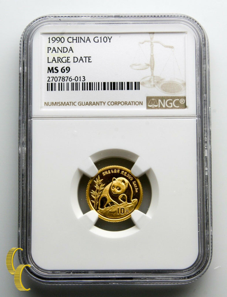 1990 Gold Chinese Panda 1/10 oz 10 Yuan Graded by NGC MS 69 Large Date
