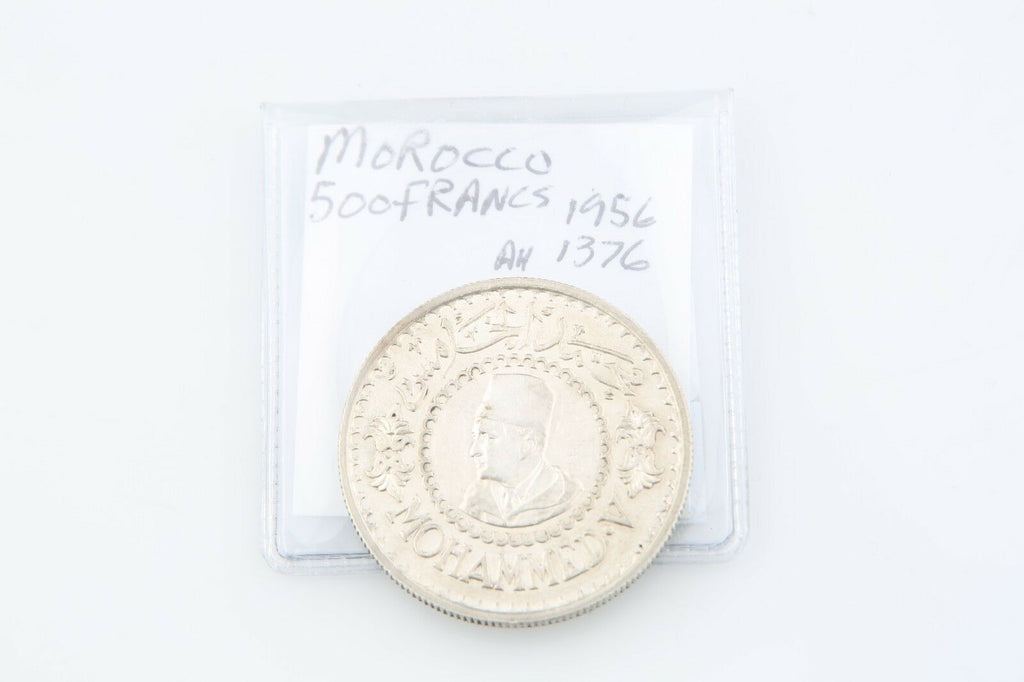 1956 (AH1376) Morocco 500 Francs Silver Coin AU Paris Almost Uncirculated Y#54