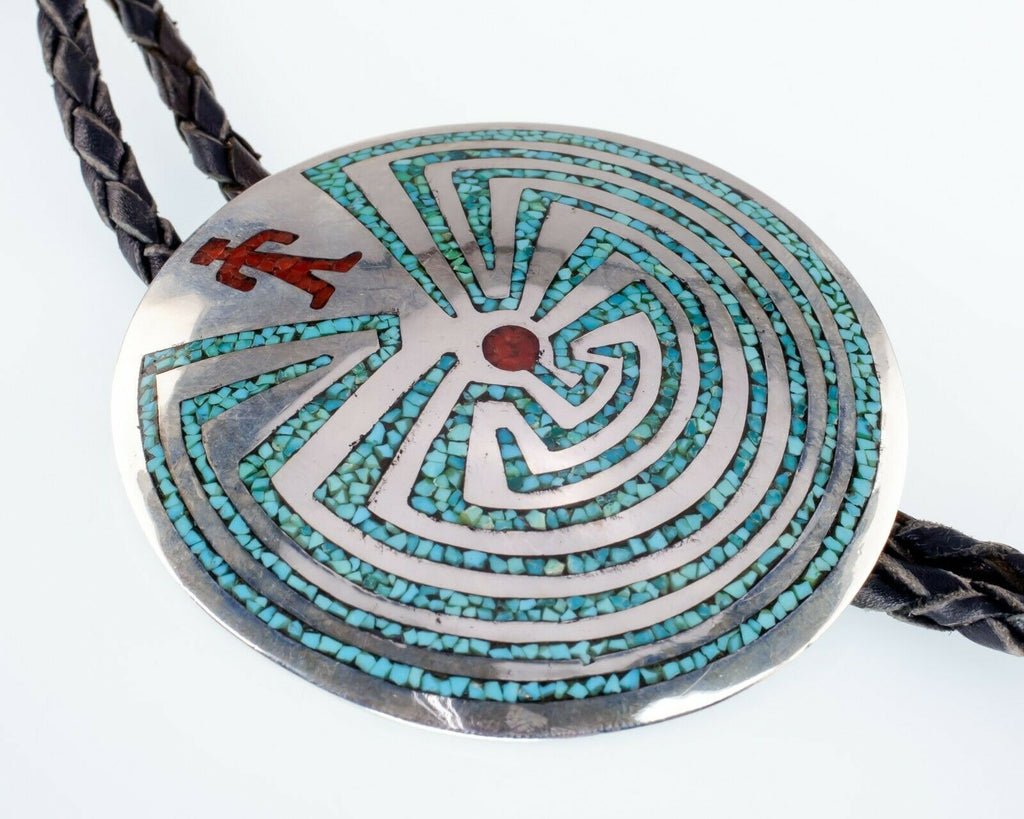 Sterling Silver Man in the Maze Bolo Tie with Turquoise and Coral Inlay