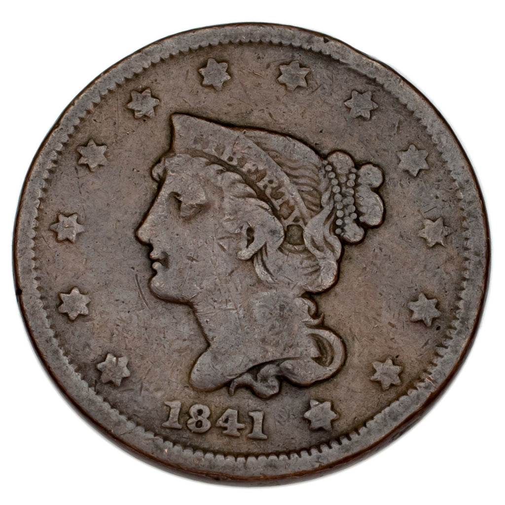1841 Braided Hair Large Cent 1C Penny (Very Good, VG Condition)