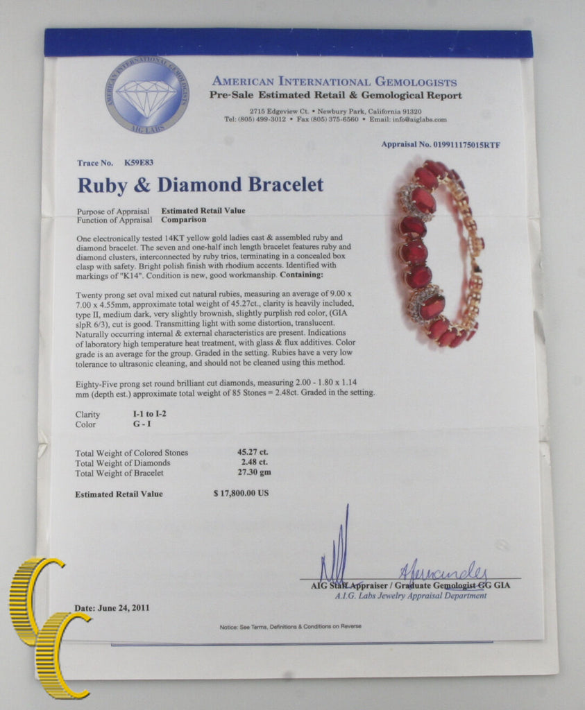 Ruby & Diamond 50.00 carat 14k Yellow Gold Bracelet 7 inches w/ Cert
