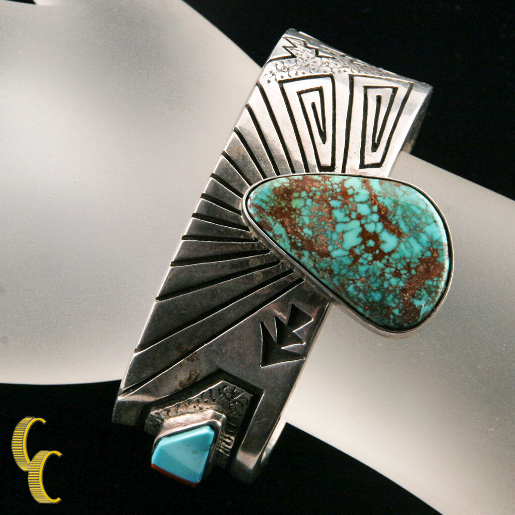 Designer Abraham Begay Native American Sterling Silver Cuff w/ Turquoise Stones