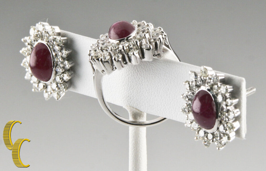 14k White Gold Diamond & Ruby Cabochon Ring and Earring Set Size 6.75 Gift!