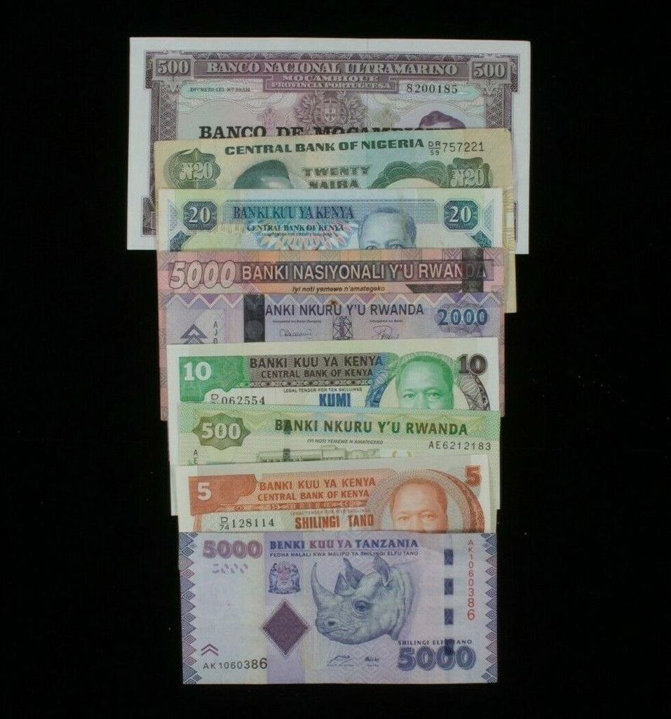 Africa 9-Notes Currency Lot // Kenya, Mozambique, Nigeria, Rwanda & Tanzania