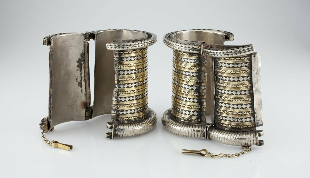 Pair of Large Silver and Brass Bangle Arm Cuffs Gorgeous Heavy!