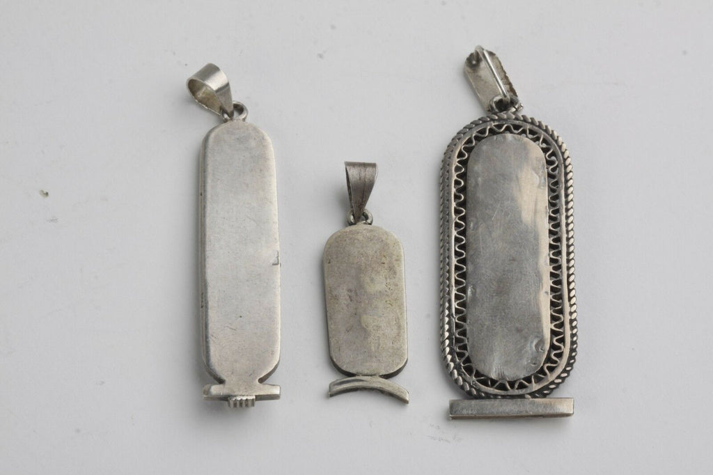 THREE 3 VINTAGE STERLING SILVER EGYPTIAN NAME TAG HIEROGLYPHIC WRITING PENDANTS