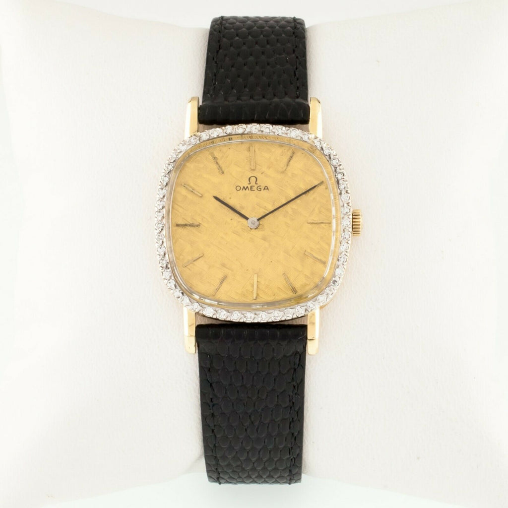 Omega Men's 14k Yellow Gold Hand-Winding Watch w/ Diamond Bezel Leather Band