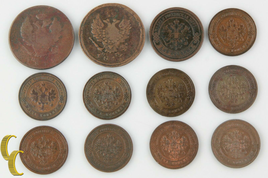 1812-1912 Russia 1 & 2 Kopek Lot (12 coins) Empire Kopeck C#118 Y#9.2 10.2