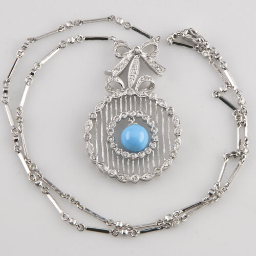 Turquoise & Diamond 18k White Gold Necklace w/Ribbon Bow Design & Bar Chain