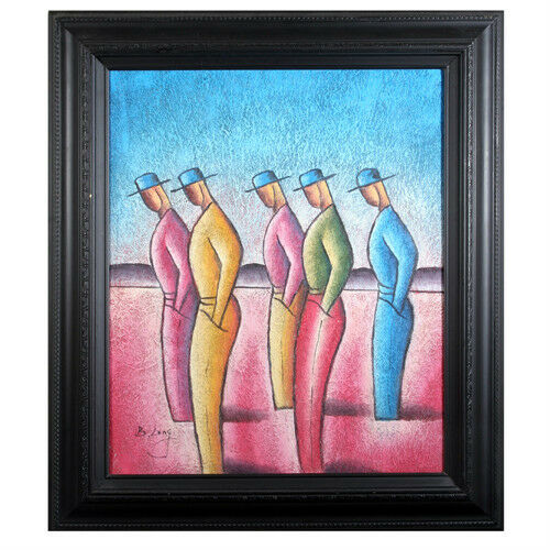 Untitled (Five Men Facing Left) By B. Long Signed Abstract Acrylic on Canvas