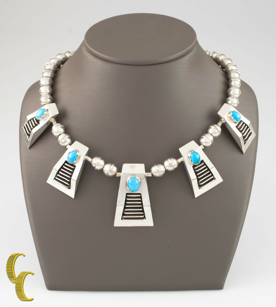 .925 Sterling Silver & Turquoise 'Stair" Necklace