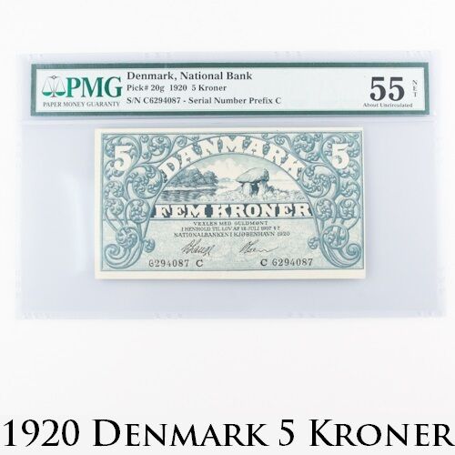 1920 Denmark 5 Kroner Note (AU-55 NET PMG) National Bank Danmark Five Kr P-20g