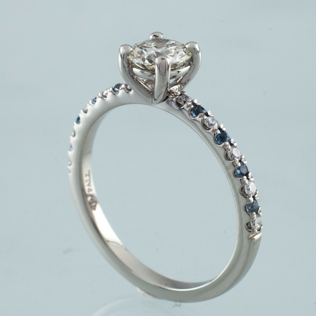 0.73 carat Round Diamond Solitaire Palladium Ring w/ Aquamarine Accents GIA