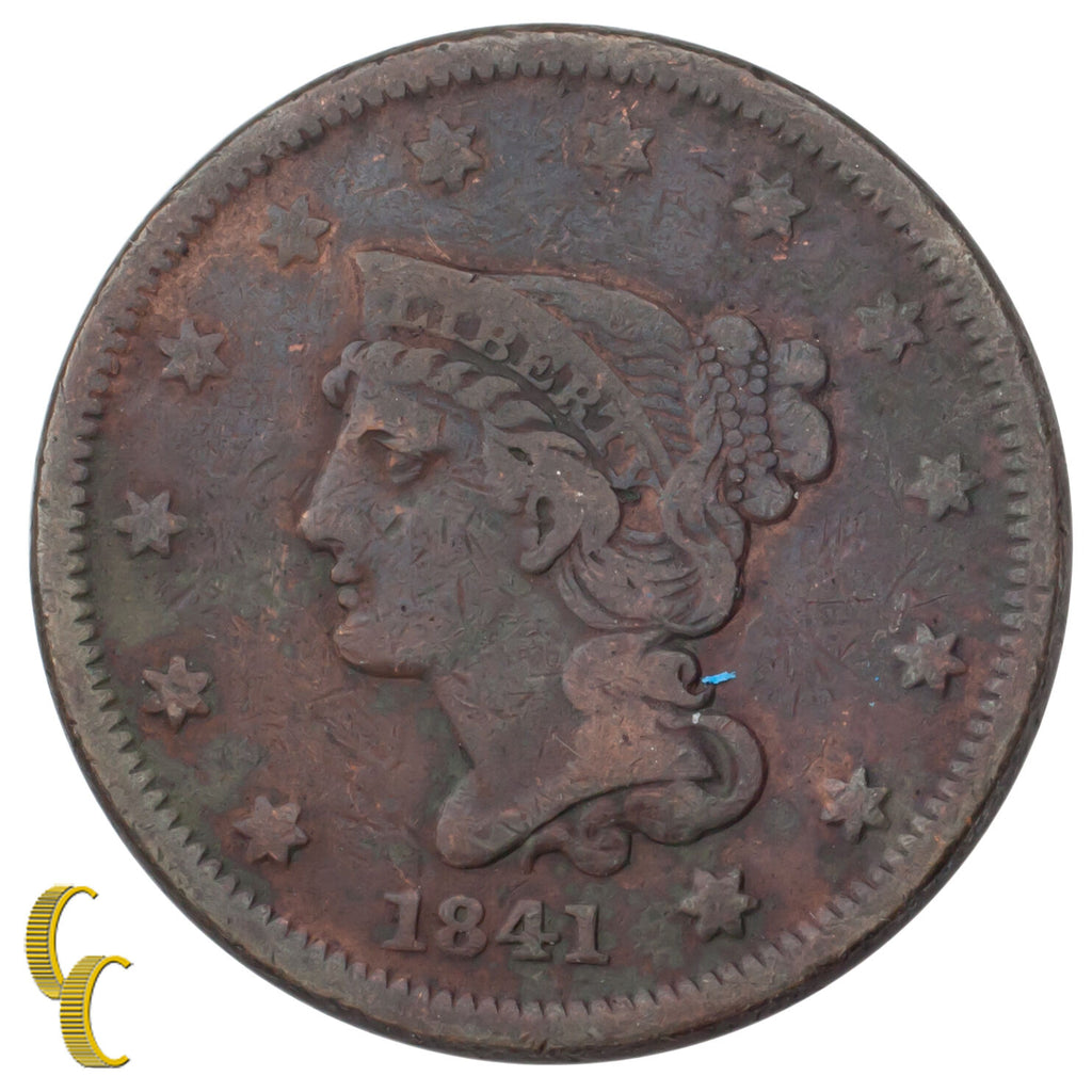 1841 Braided Hair Large Cent 1C Penny (Fine+, F+ Condition)