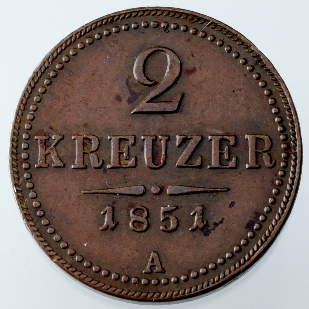 1851-A Austria 2 Kreuzer Copper Coin XF Condition KM #2189