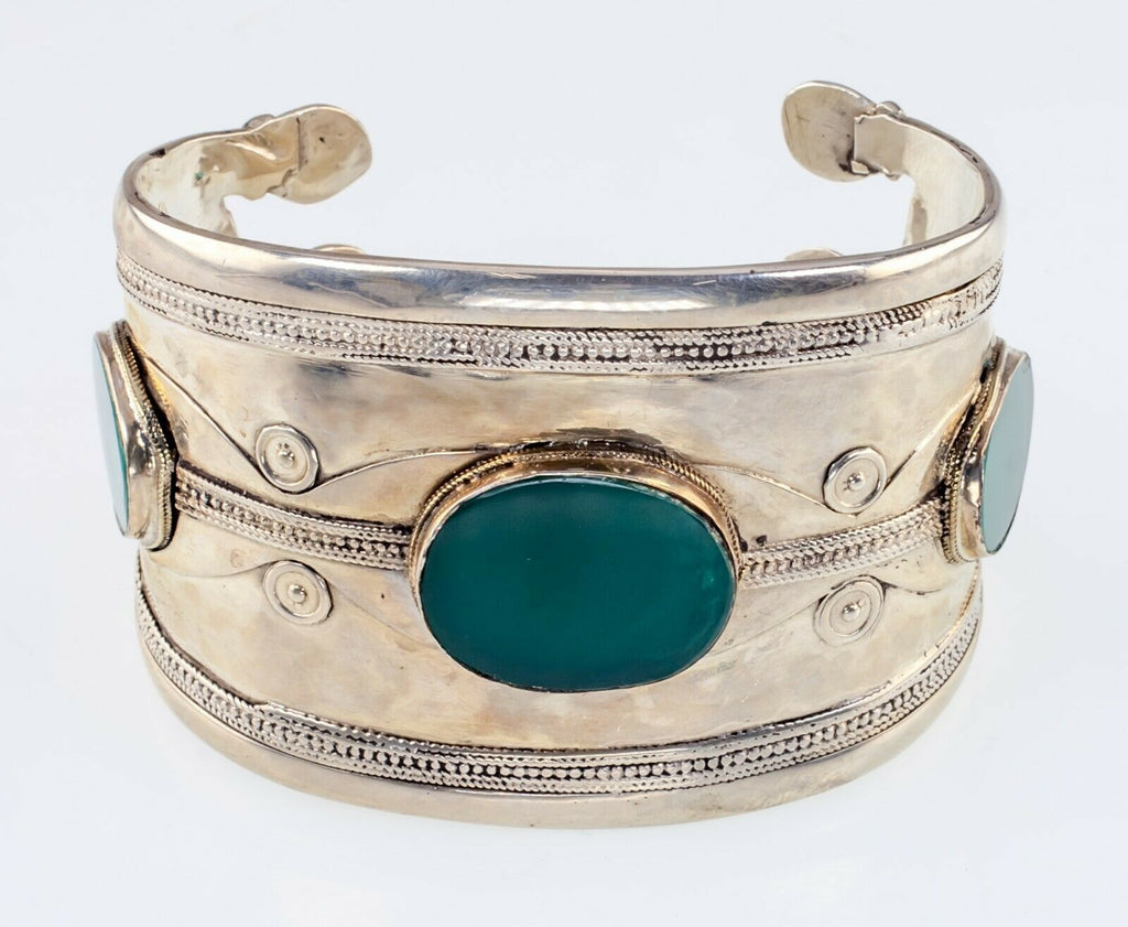 Antique Wide Turkmen Turkoman Green Aventurine Silver Cuff Bracelets
