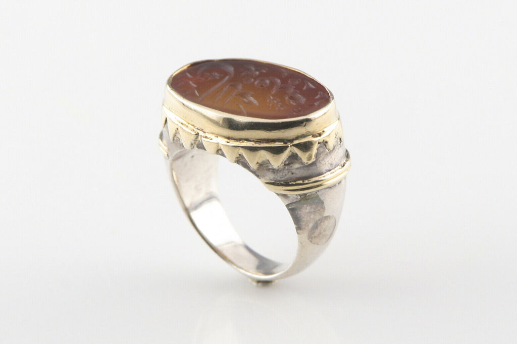 VINTAGE STERLING SILVER AND GOLD PLATED, GOLDEN INTAGLIO GLASS RING