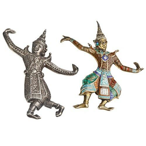 VINTAGE TWO STERLING SILVER SIAM DANCERS BROOCHES, ONE DECORATED WITH ENAMEL