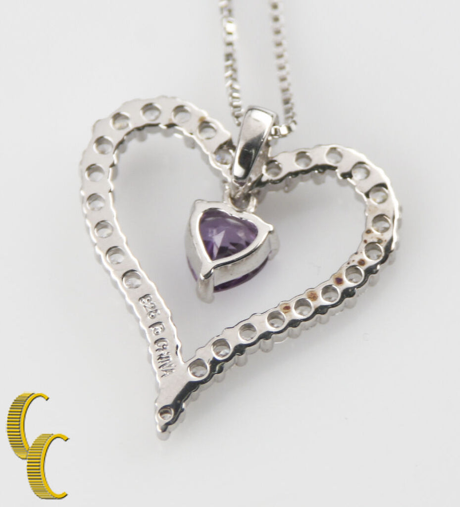 Sterling Silver Heart-Cut Dangling Sapphire in Heart Frame Pendant w/ 16" Chain