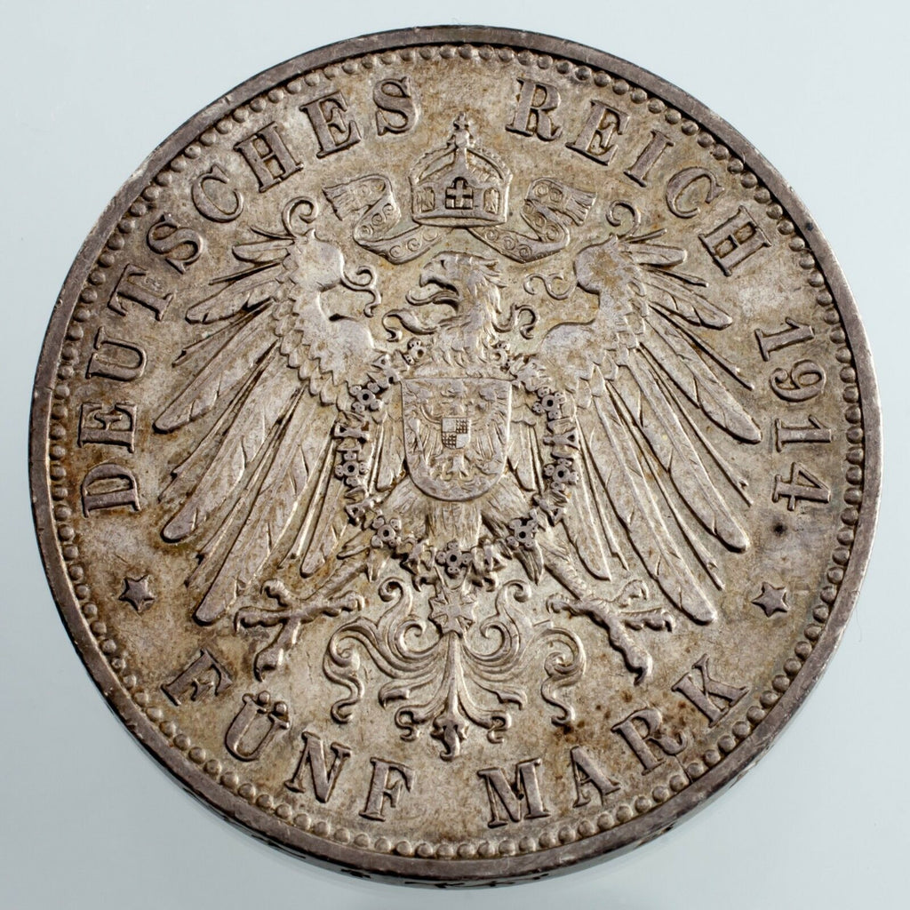1914-E German States Saxony-Albertine 5 Mark Coin AU Condition KM #1266