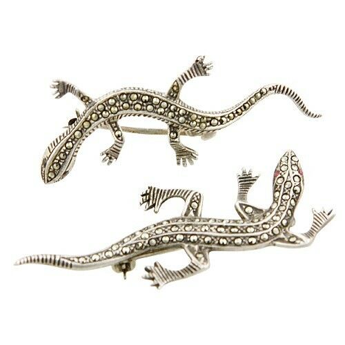 TWO (2) VINTAGE STERLING SILVER MARCASITE DECORATED LIZARDS, GECKO BROOCHES