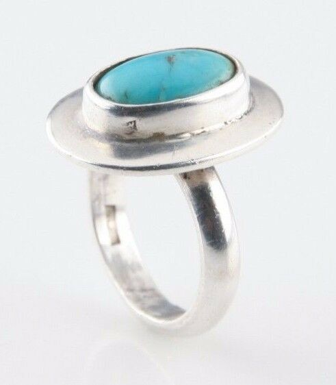 Vintage Egyptian Silver Oval Natural Turquoise Ring (Size 8) - 0.800 Silver