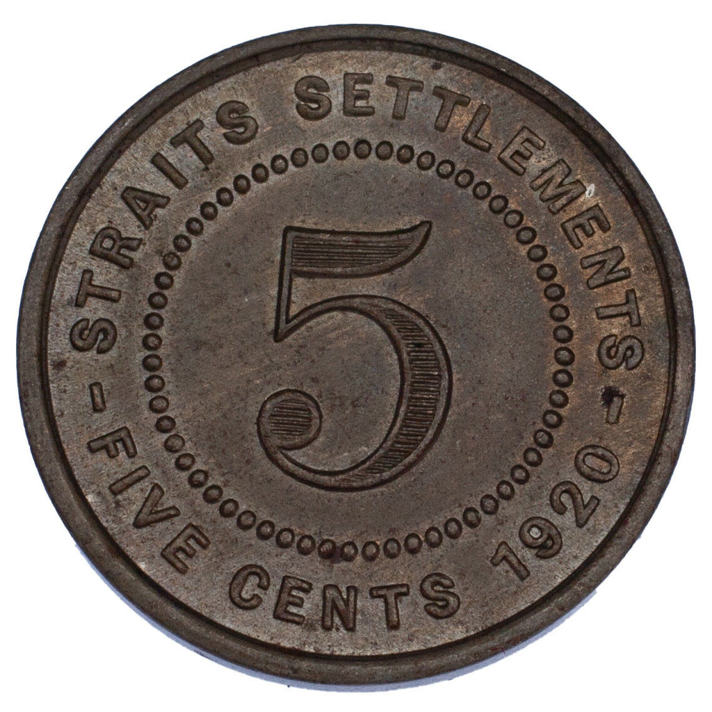 1920 Straits Settlements 5 Cents In XF, KM# 34