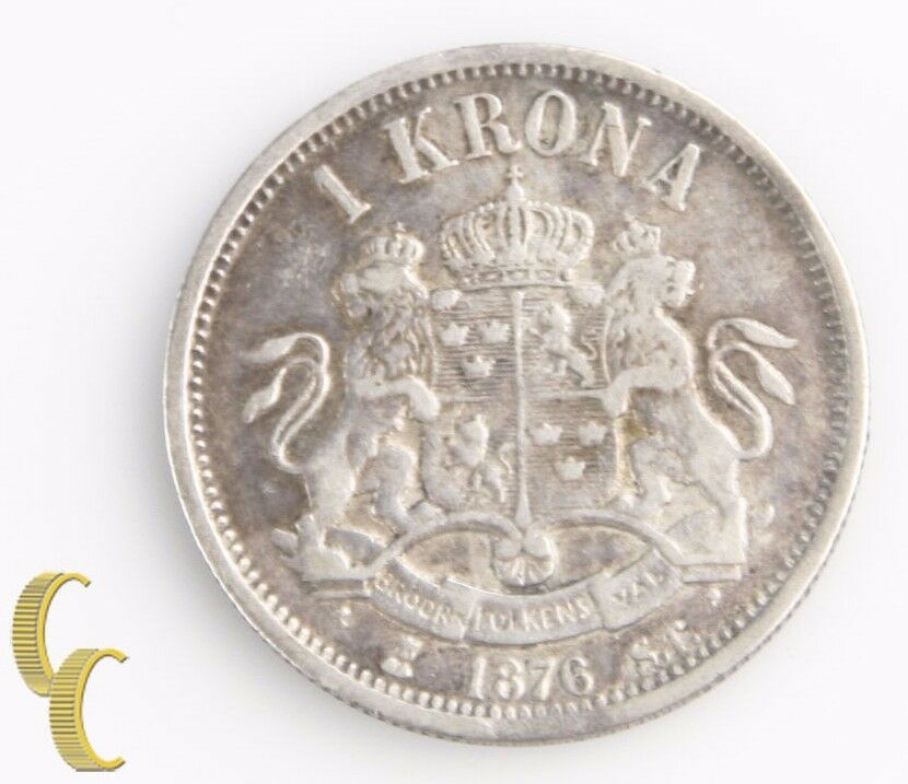 1876-ST Sweden 1 Krona (Very Fine+, VF+) Oscar II Silver Coin One 1Kr KM-741