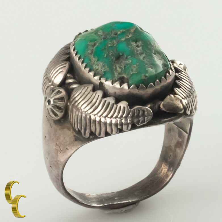 Silver Navajo Ring w/ Leaf Motif and Turquoise Center Size 10.75