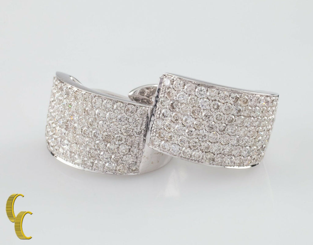 3.50 carat Diamond Plaque Hoop 14k White Gold Earrings w/ Snap Clasp