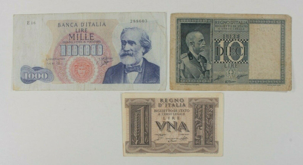 Italy 3-Notes Currency Set // Regno d'Italia 1 &10 // Banca d'Italia 1000 Lire