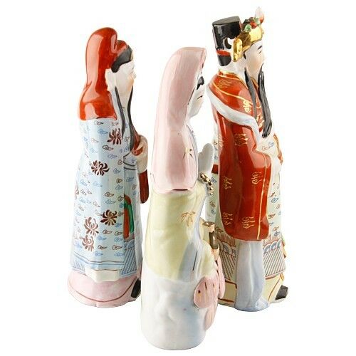 Lot of 3 Hand-Glazed Porcelain Fuk Luk Guanyin Figures, Great Condition, Unique!