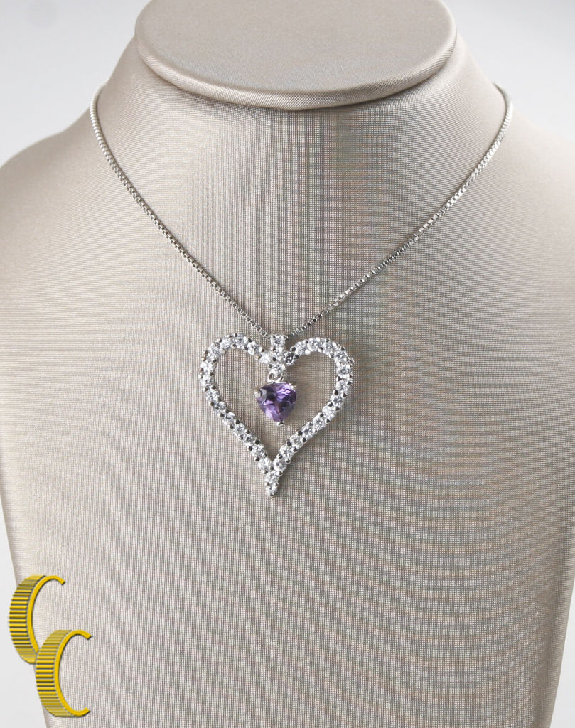 Sterling Silver Heart-Cut Dangling Sapphire in Heart Frame Pendant w/ 16" Chain