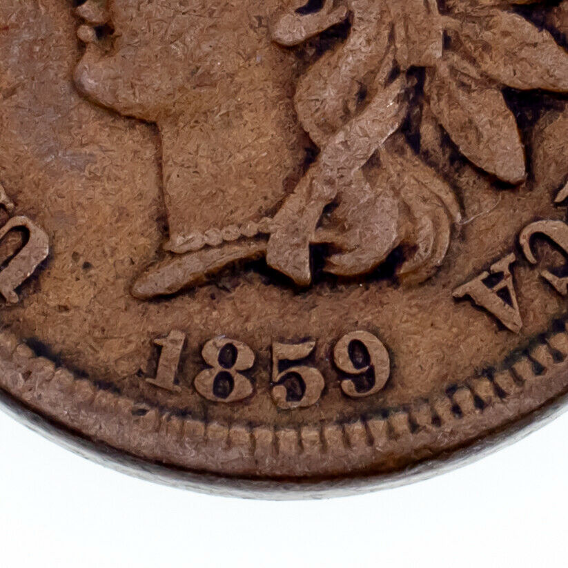 1859 1C Indian Cent VF Condition, Brown Color, Clear LIBERTY and Beads