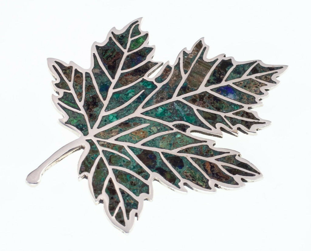 Vintage Mexican Sterling Silver Leaf Brooch with Turquoise Inlay