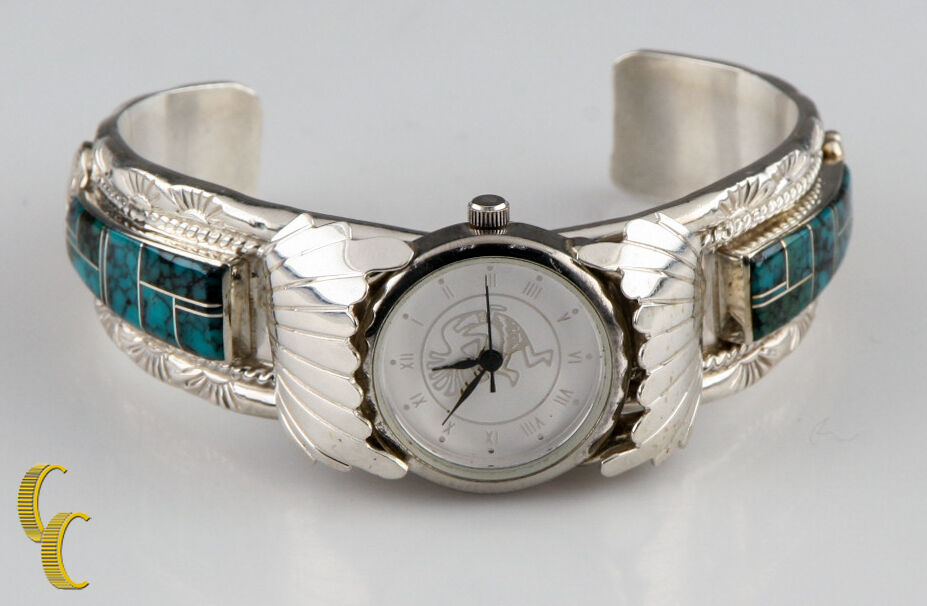 T F Navajo Dancing Indian Sterling Silver Cuff Watch Bracelet Turquoise Accents