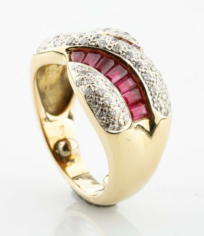 Ruby & Diamond Baguette Cut 18k Yellow Gold Twist Band Ring Size 3.5