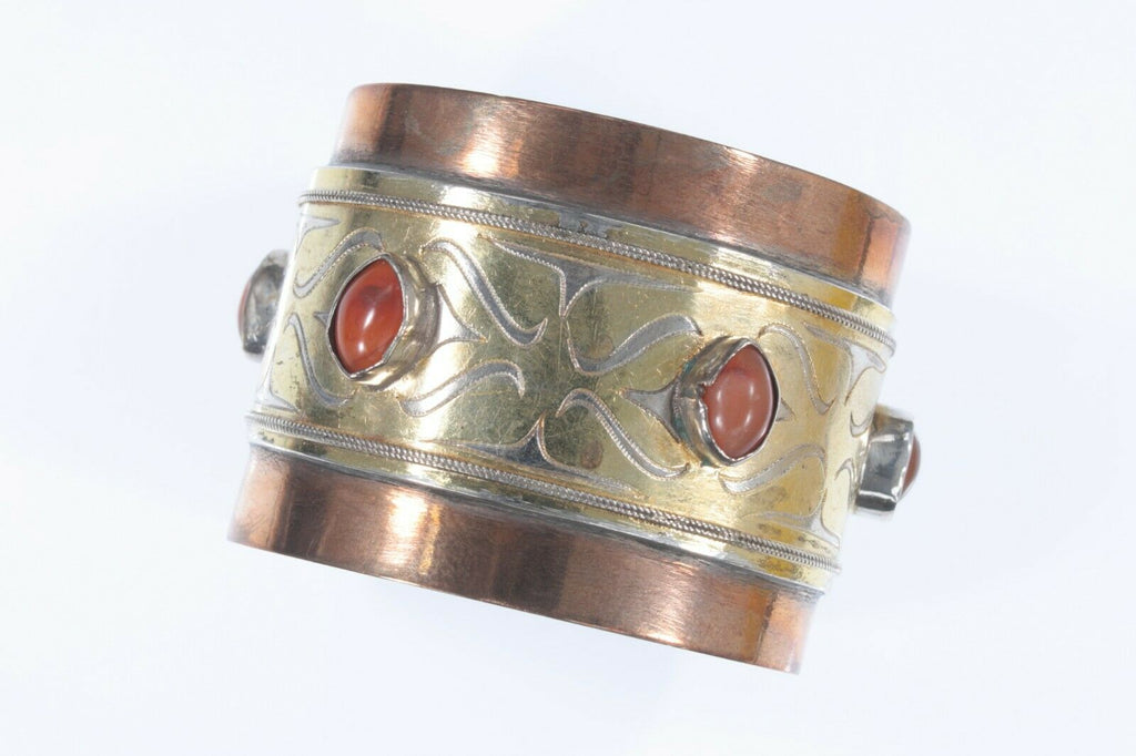 Antique Wide Turkmen Turkoman Carnelian Silver Copper GP Cuff Bracelet