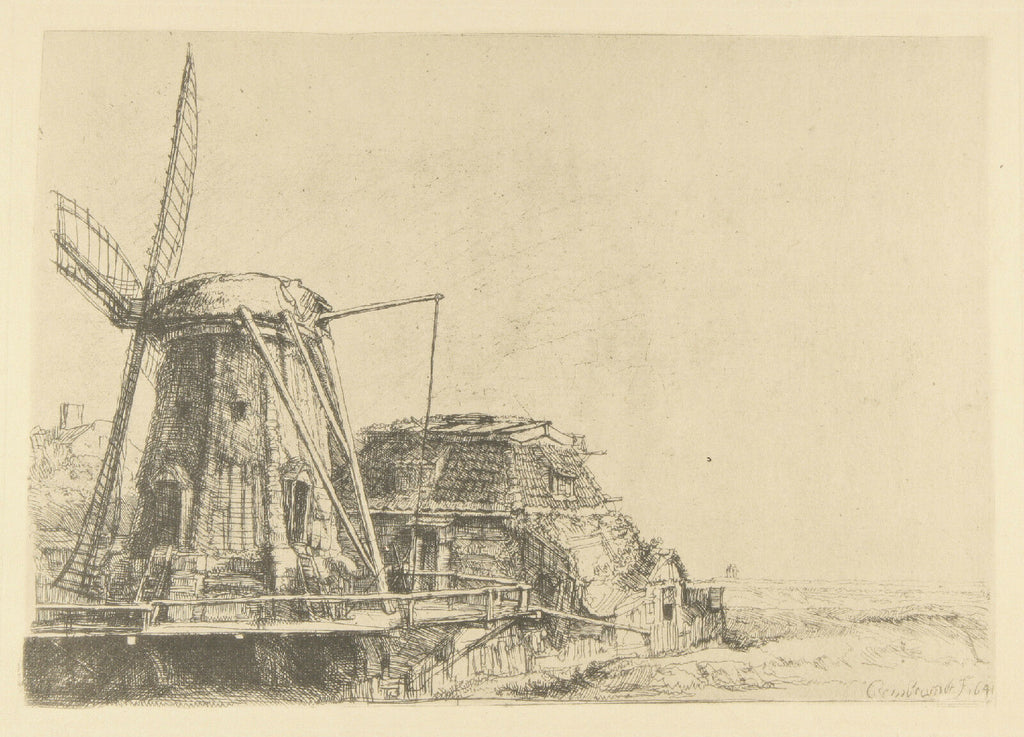 "The Windmill" By Rembrandt Restrike Etching Signed in Plate 6"x8"